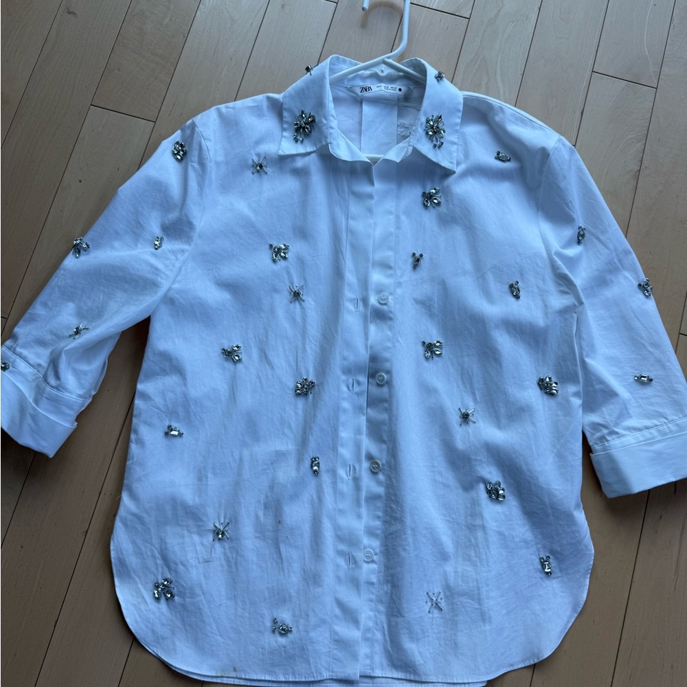 Zara Embellished White Button-Up Shirt